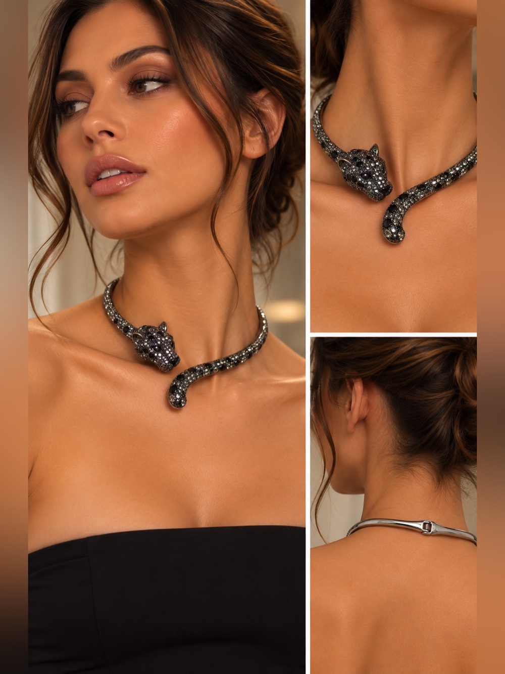 Black Crystal Panther Collar Necklace -  Women Jewelry